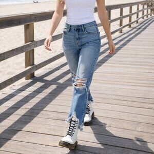 Distressed High Rise Kick Flare Raw Hem Medium Wash Hidden Jeans sz(26)